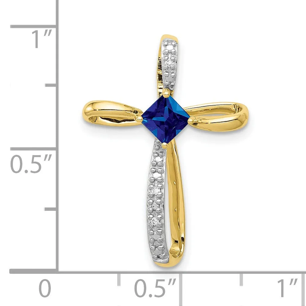 10k w/Rhodium Lab Created Sapph and Diamond Cross Pendant