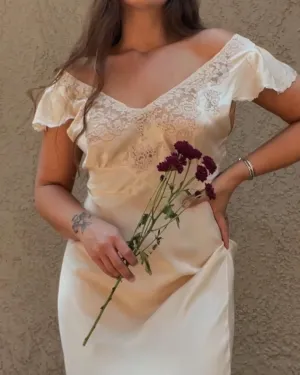 1930s Inset Lace Bias Cut Silk Cap Sleeve Slip Dress