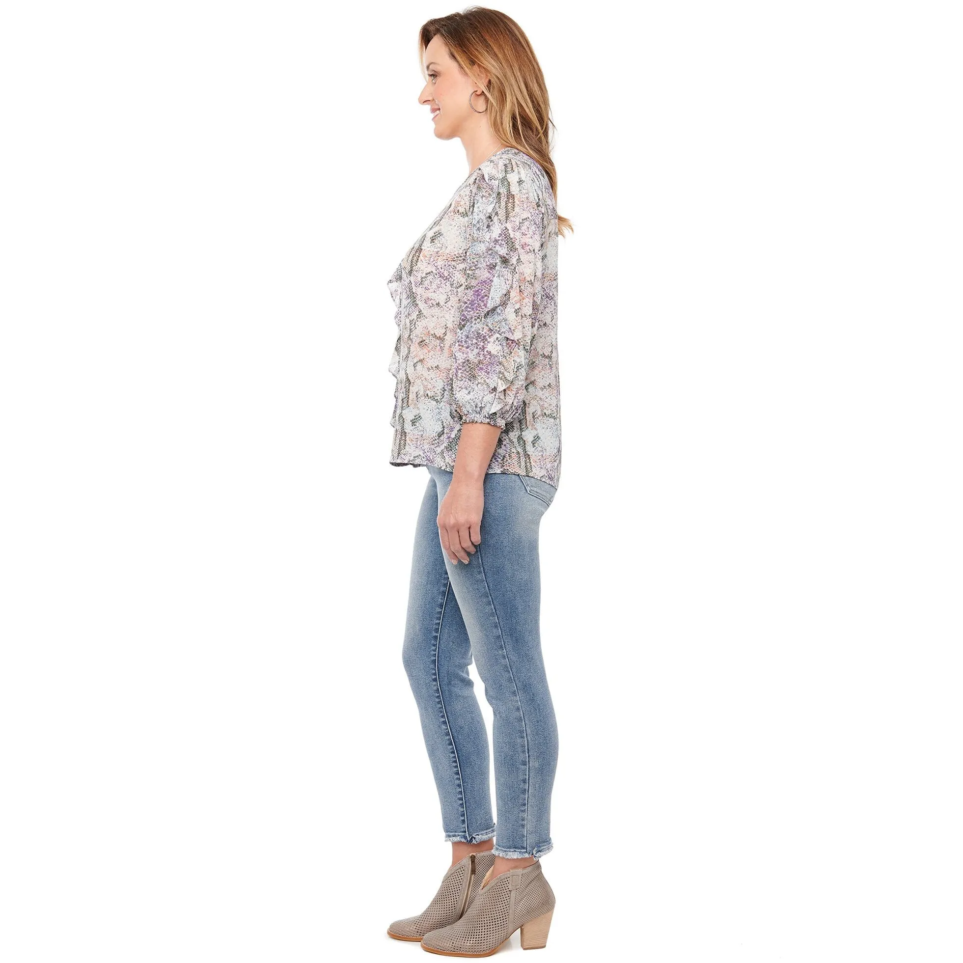 3/4 Sleeve Ruffle Front Snake Print Blouse