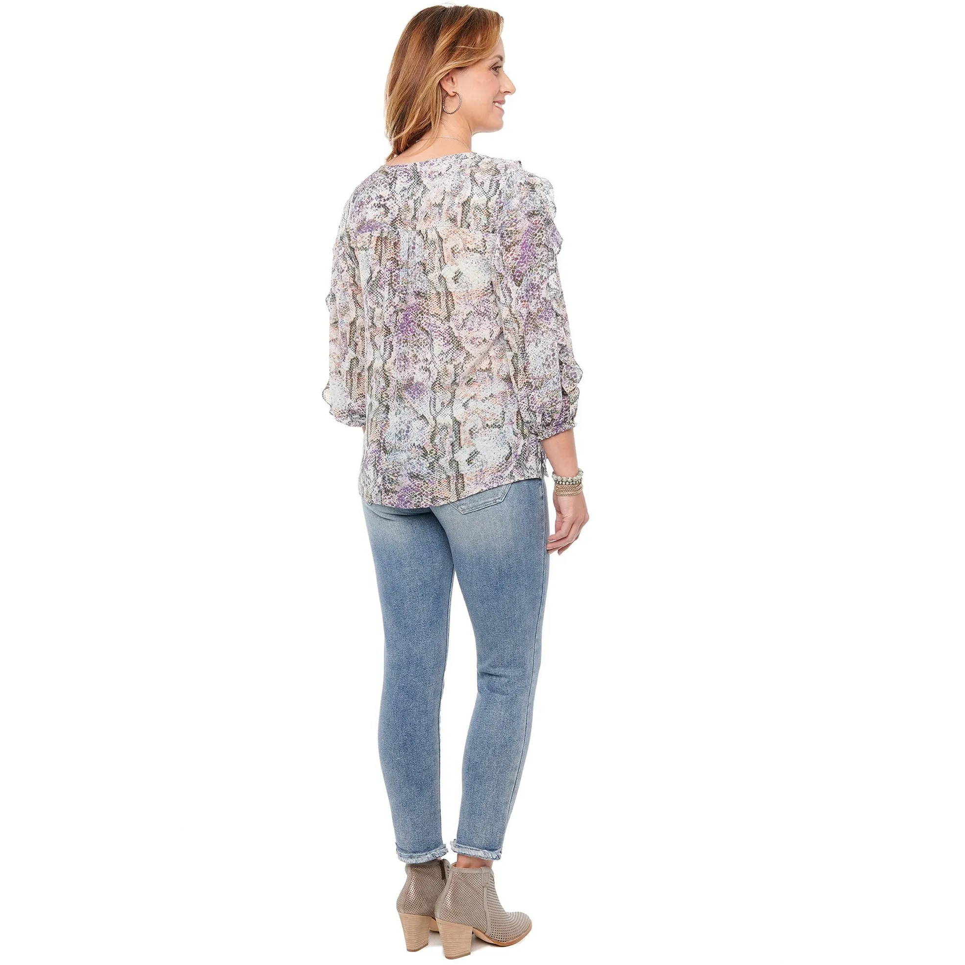 3/4 Sleeve Ruffle Front Snake Print Blouse