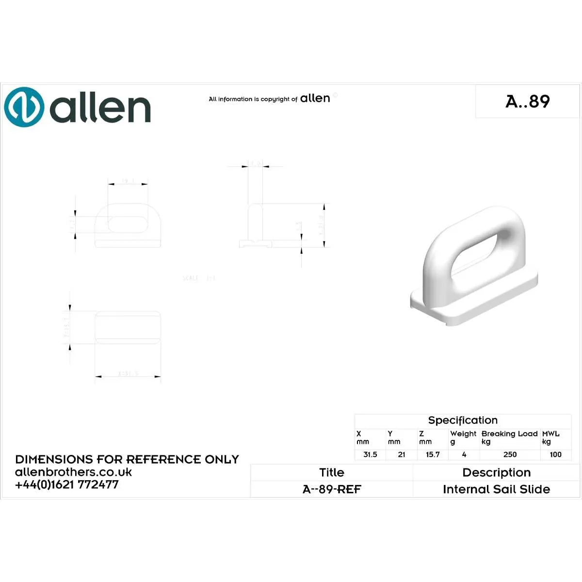 Allen Internal Sail Slide