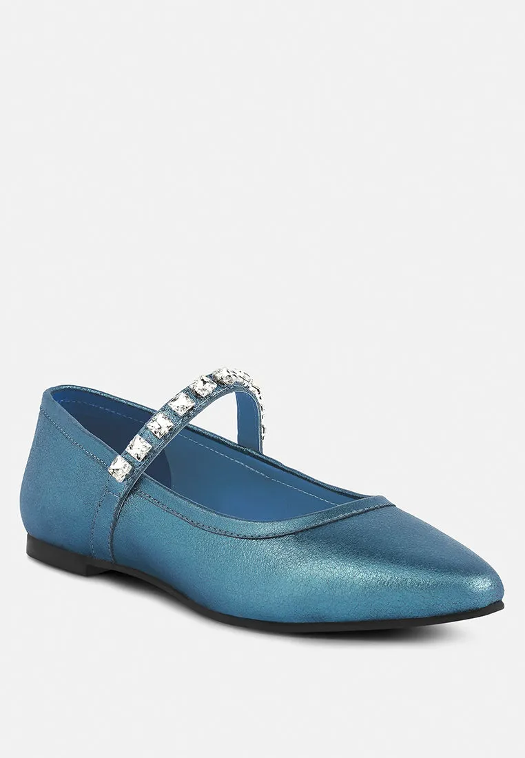 Alverno Metallic Diamante Mary Jane Leather Flats By Ruw