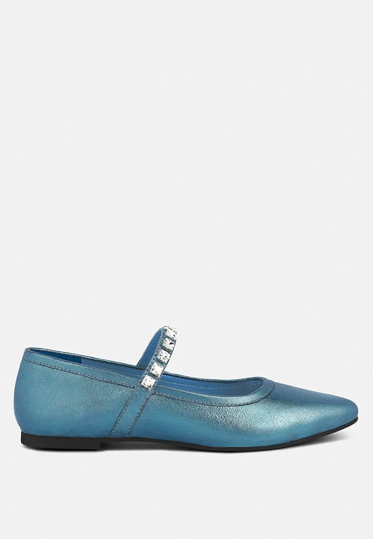 Alverno Metallic Diamante Mary Jane Leather Flats By Ruw