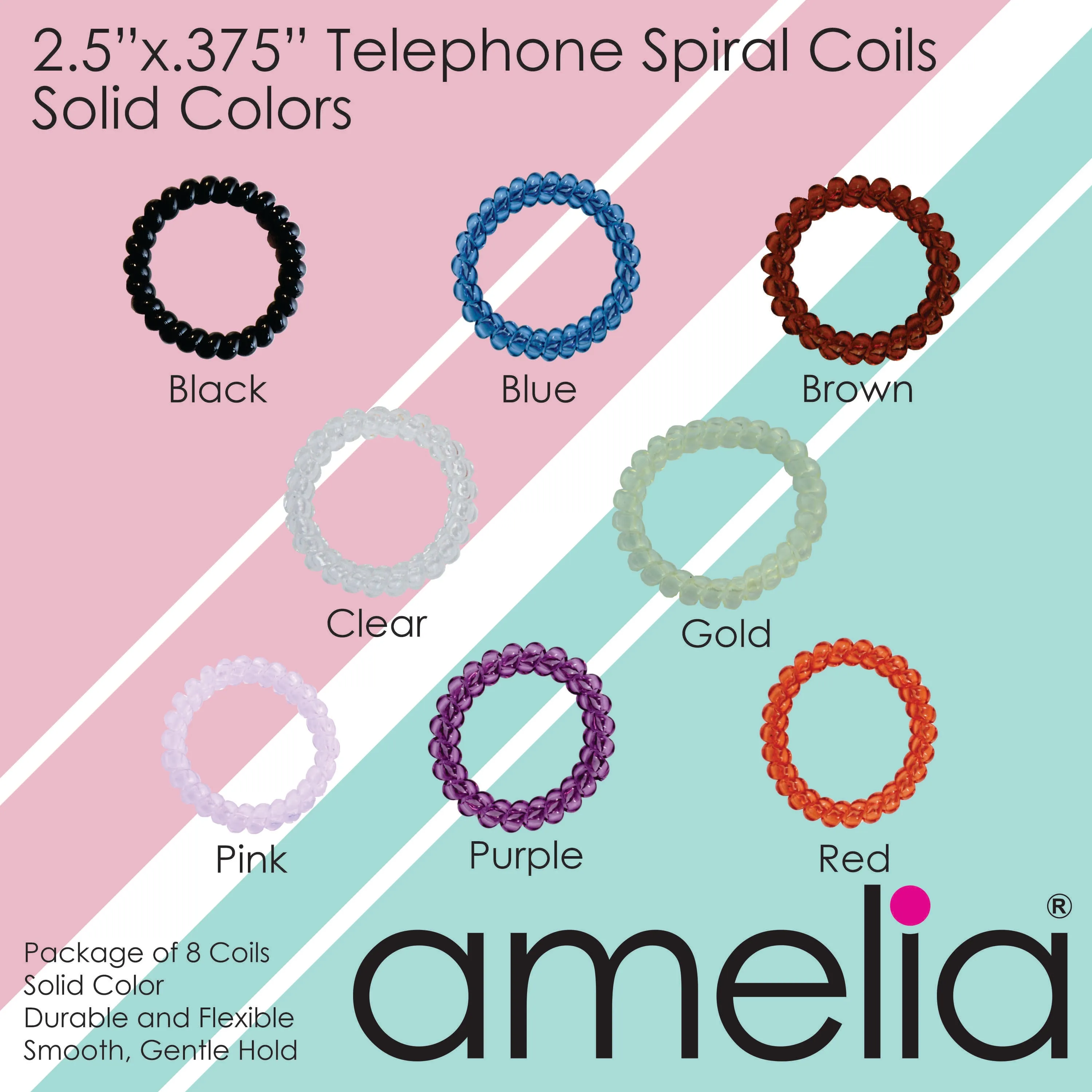 Amelia Beauty Products 8 Large Smooth Elastic Hair Coils, 2. 5in Diameter Thick Spiral Hair Ties, Gentle on Hair, Strong Hold and Minimizes Dents and Creases, Black