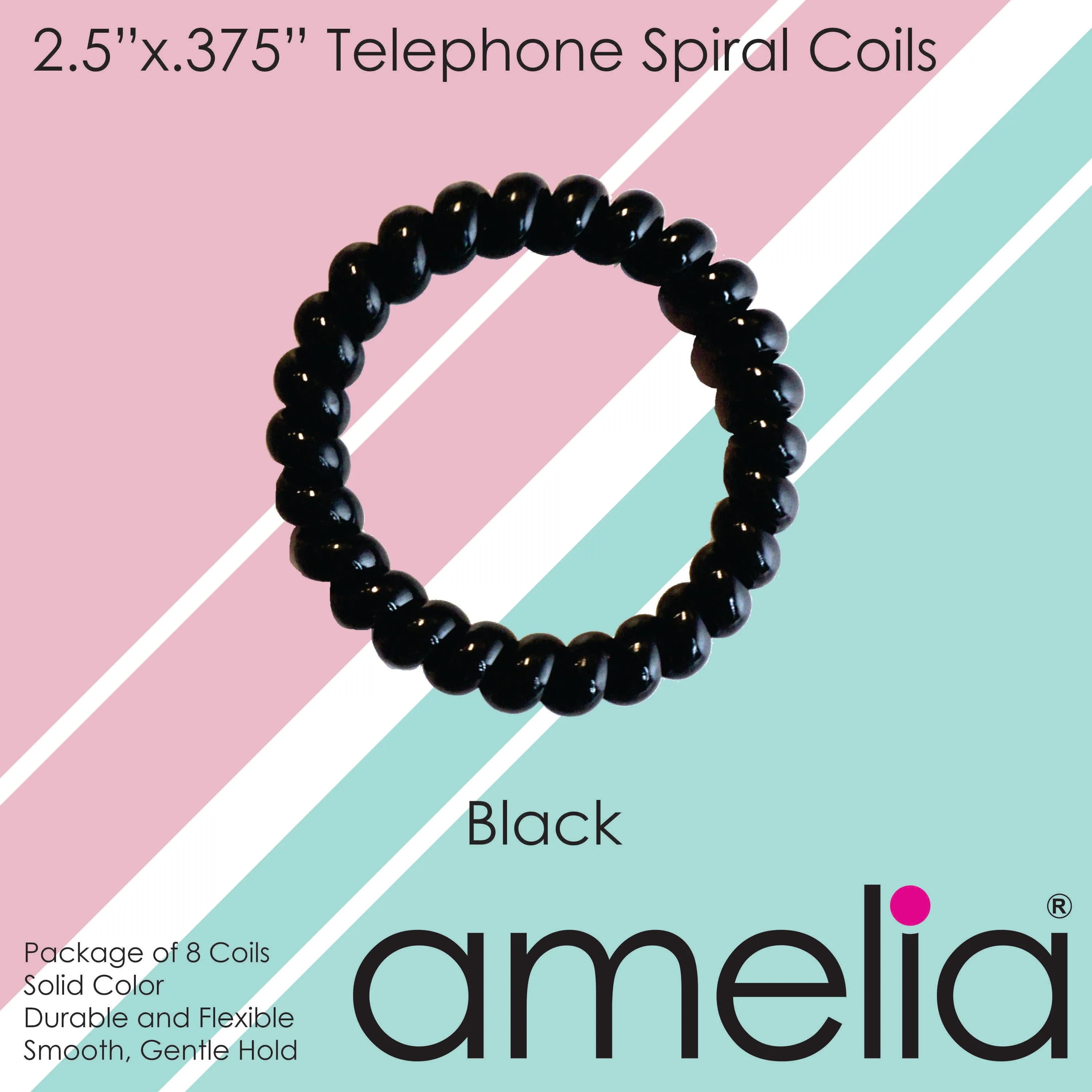 Amelia Beauty Products 8 Large Smooth Elastic Hair Coils, 2. 5in Diameter Thick Spiral Hair Ties, Gentle on Hair, Strong Hold and Minimizes Dents and Creases, Black