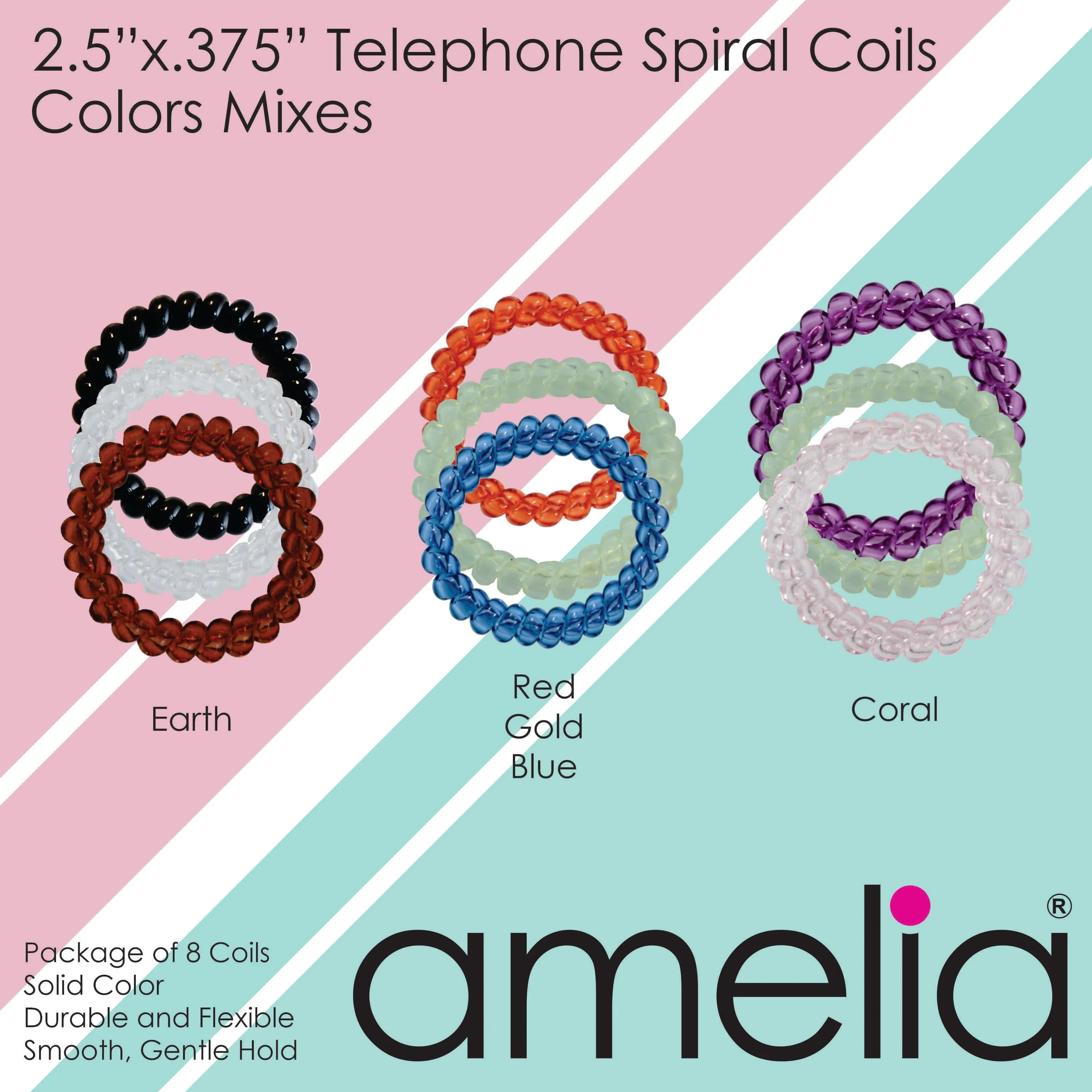 Amelia Beauty Products 8 Large Smooth Elastic Hair Coils, 2. 5in Diameter Thick Spiral Hair Ties, Gentle on Hair, Strong Hold and Minimizes Dents and Creases, Black
