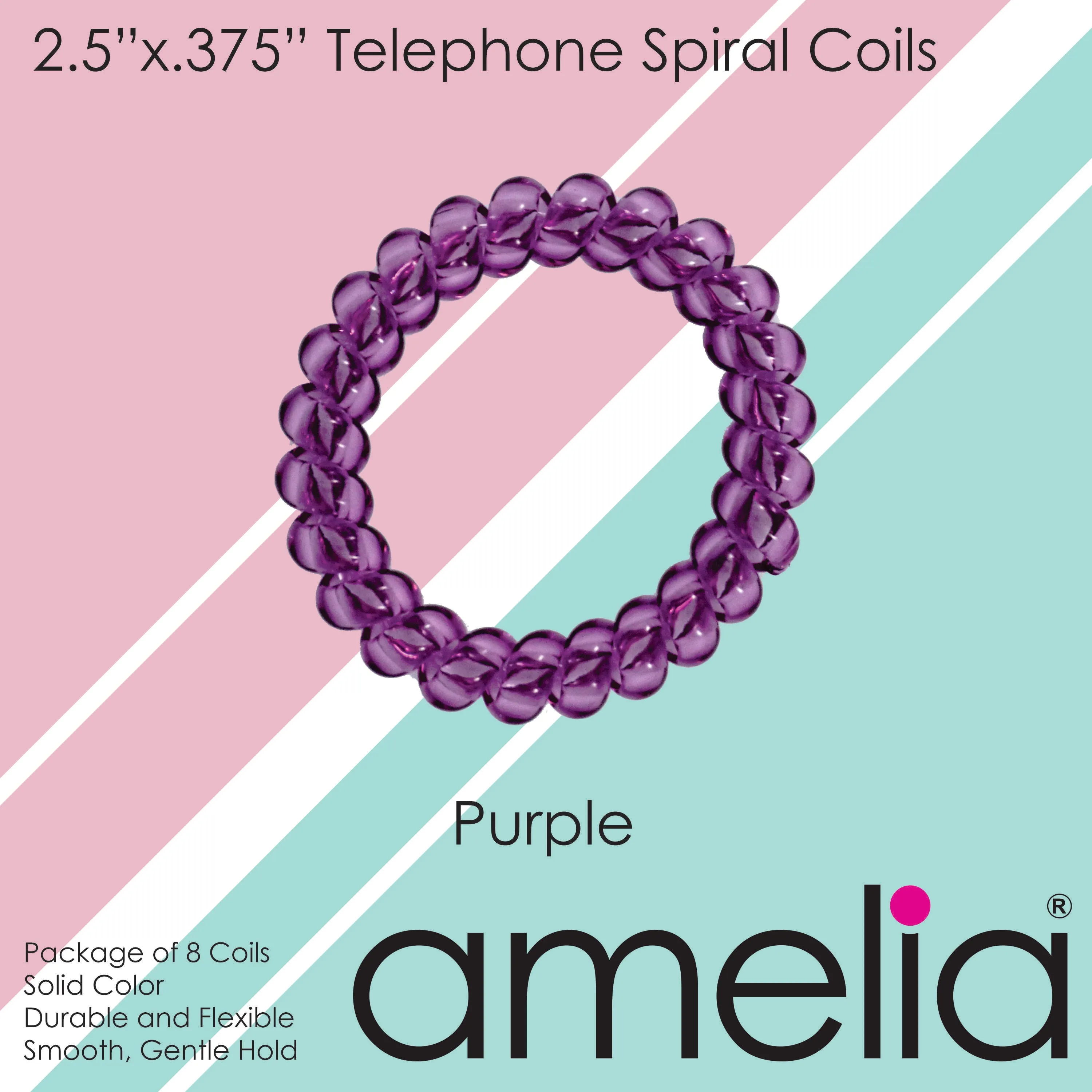 Amelia Beauty Products 8 Large Smooth Elastic Hair Coils, 2. 5in Diameter Thick Spiral Hair Ties, Gentle on Hair, Strong Hold and Minimizes Dents and Creases, Purple