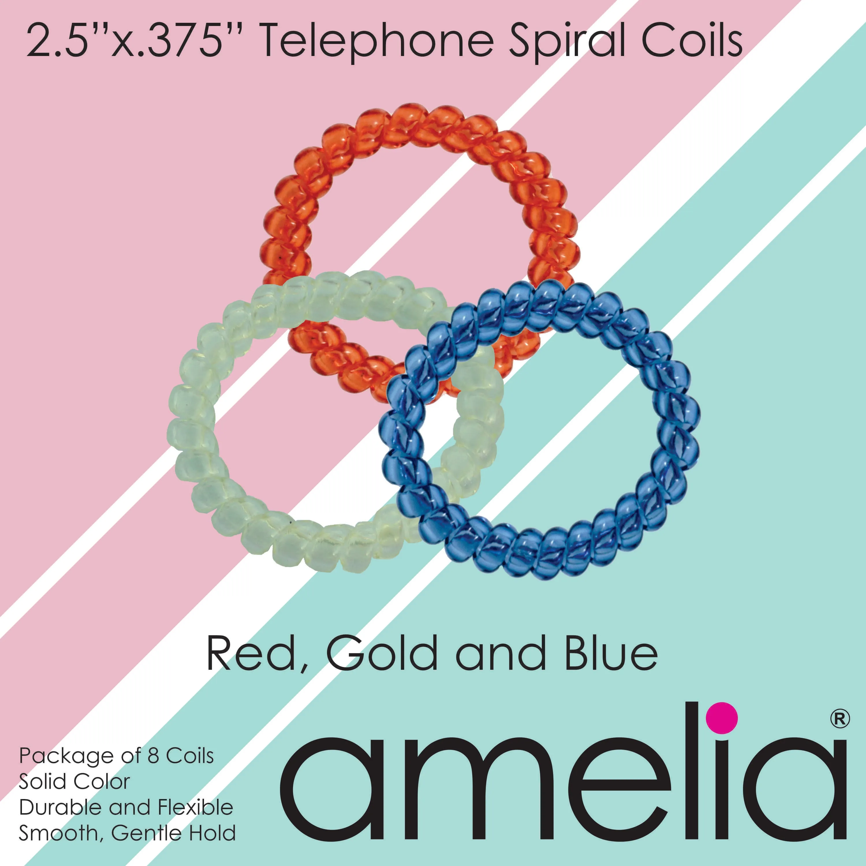 Amelia Beauty Products 8 Large Smooth Elastic Hair Coils, 2. 5in Diameter Thick Spiral Hair Ties, Gentle on Hair, Strong Hold and Minimizes Dents and Creases, Red, Gold and Blue