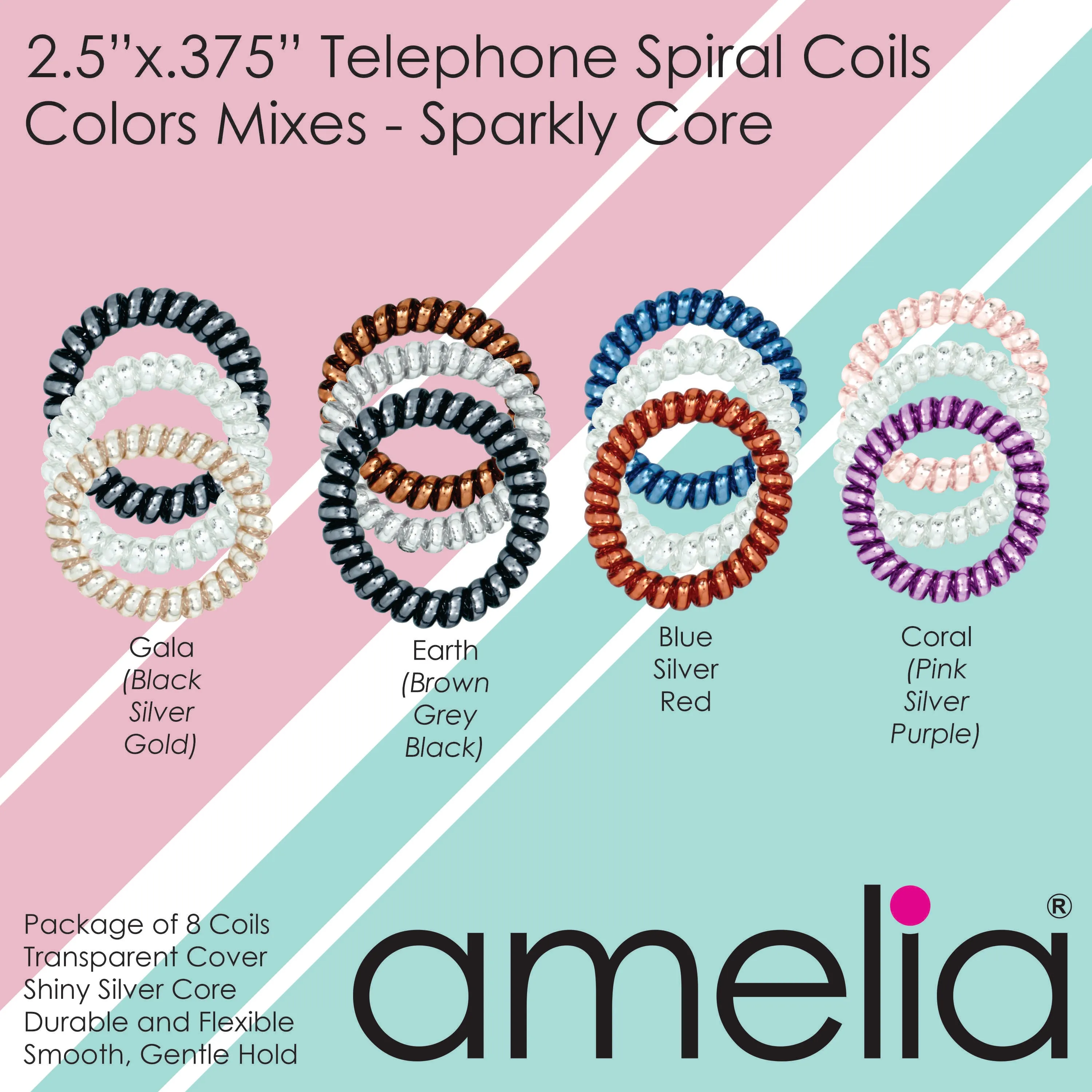 Amelia Beauty Products 8 Large Smooth Shiny Center Elastic Hair Coils, 2. 5in Diameter Thick Spiral Hair Ties, Gentle on Hair, Strong Hold and Minimizes Dents and Creases, Black