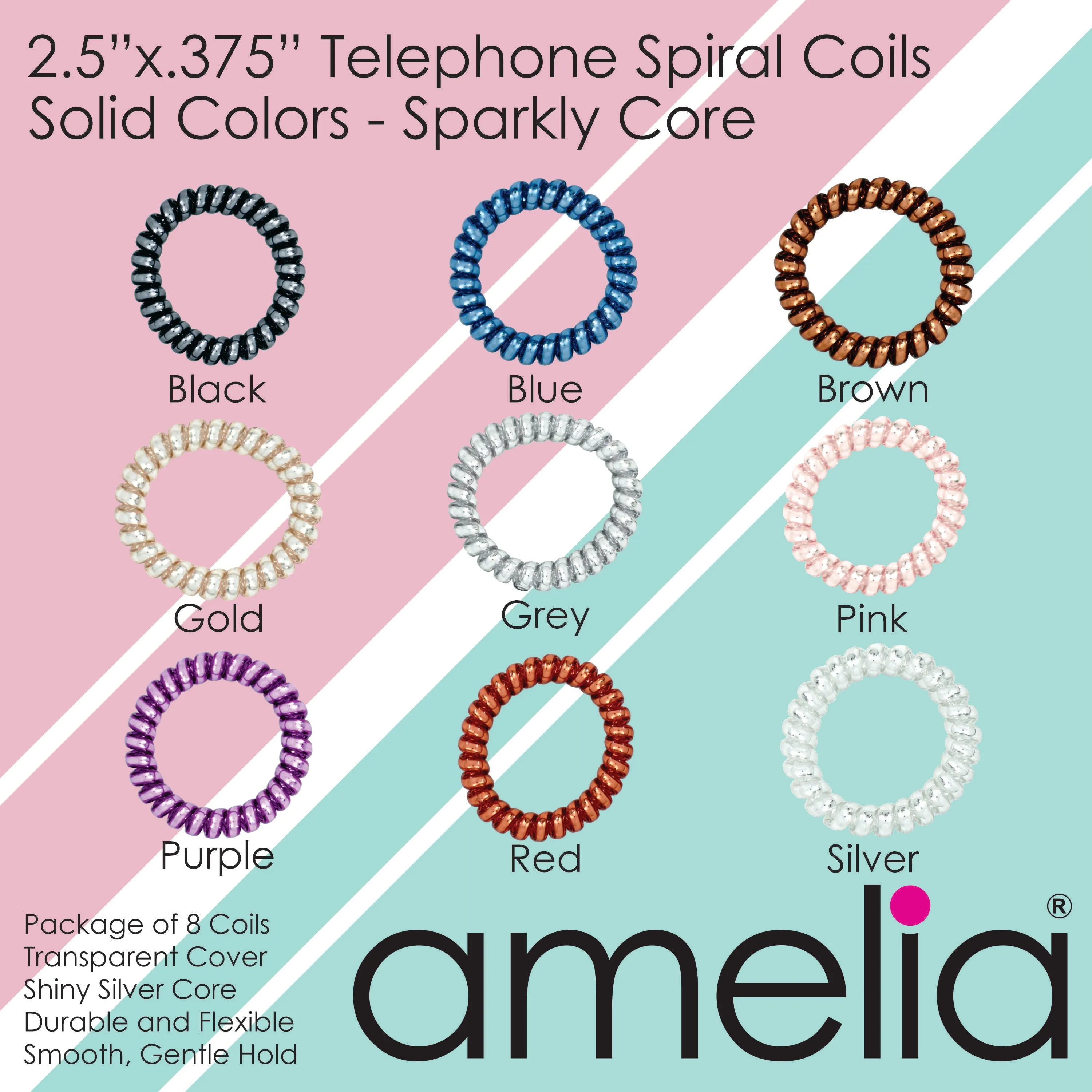 Amelia Beauty Products 8 Large Smooth Shiny Center Elastic Hair Coils, 2. 5in Diameter Thick Spiral Hair Ties, Gentle on Hair, Strong Hold and Minimizes Dents and Creases, Black