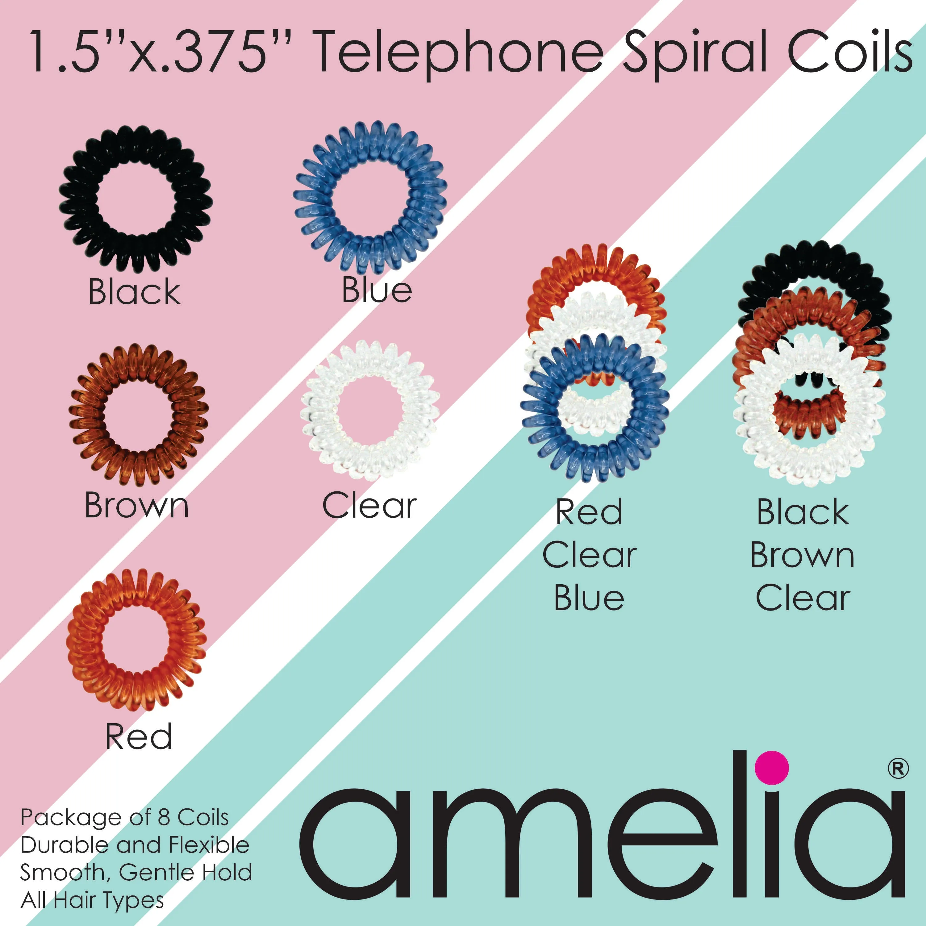 Amelia Beauty Products 8 Small Elastic Hair Coils, 1.5in Diameter Thick Spiral Hair Ties, Gentle on Hair, Strong Hold and Minimizes Dents and Creases, Black