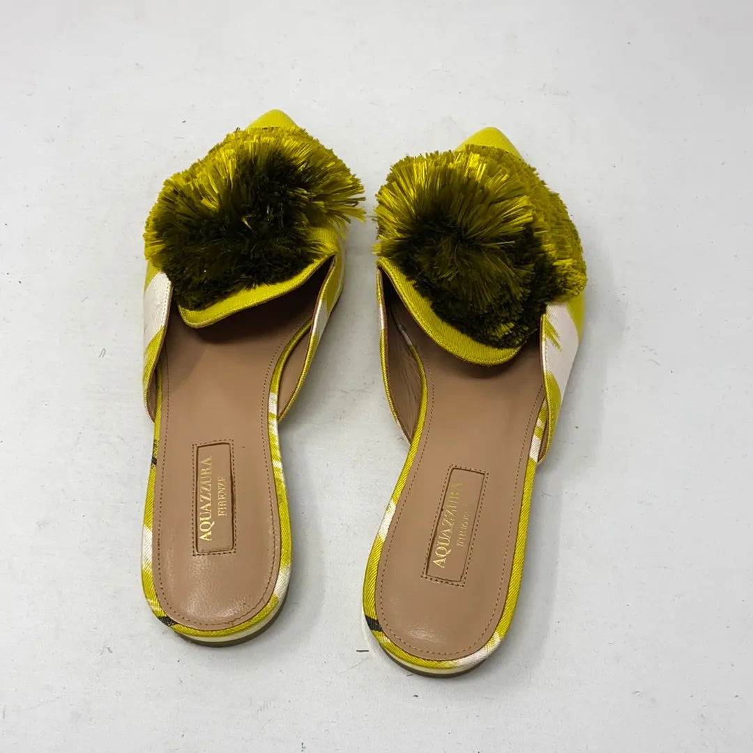 Aquazzura Green and Ivory Fabric Mule with Oversized Powder Puff