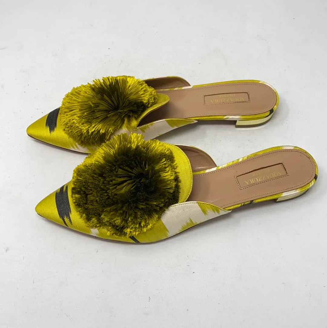 Aquazzura Green and Ivory Fabric Mule with Oversized Powder Puff