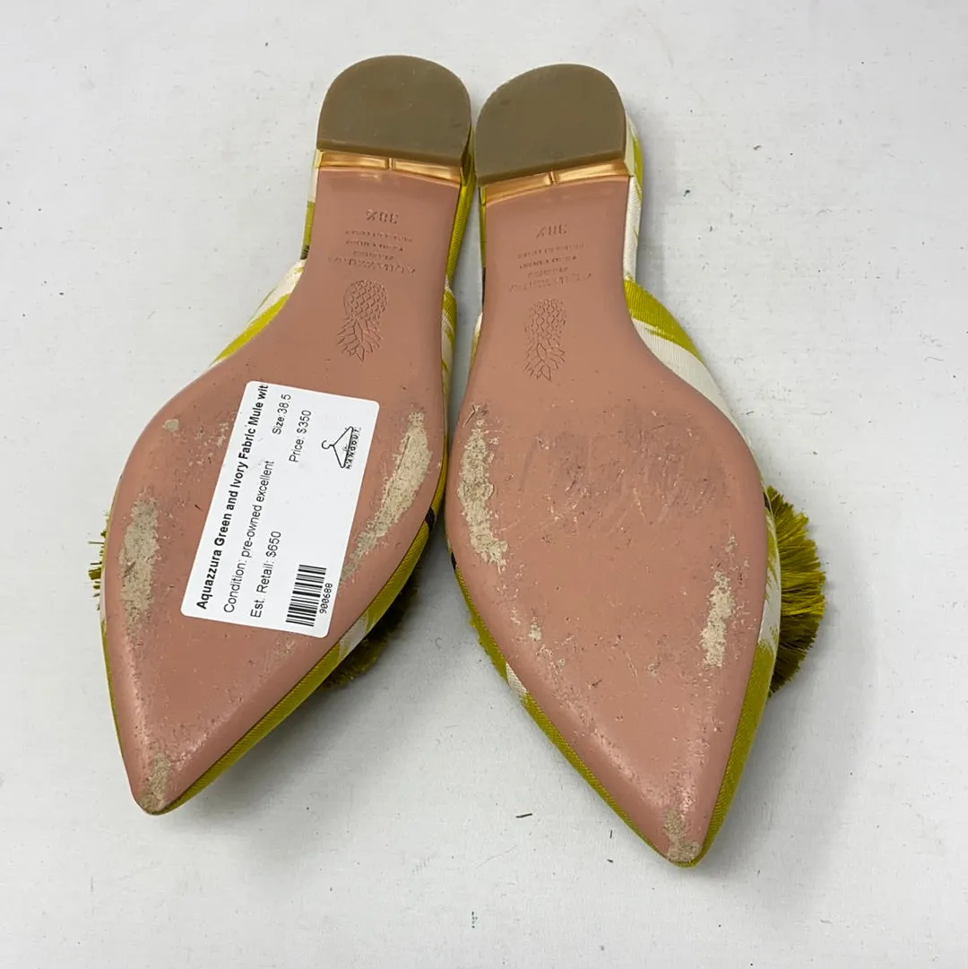 Aquazzura Green and Ivory Fabric Mule with Oversized Powder Puff