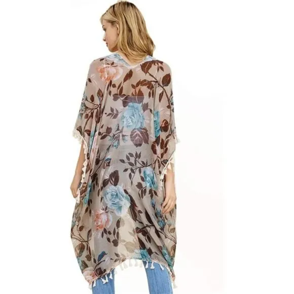 Beige Floral Print Fringe Open Kimono Shawl Cardigan Kaftan Poncho Cover Up Vest