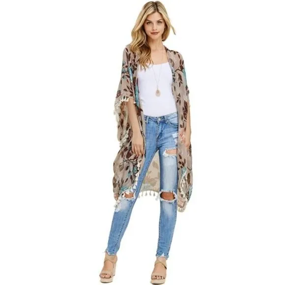 Beige Floral Print Fringe Open Kimono Shawl Cardigan Kaftan Poncho Cover Up Vest