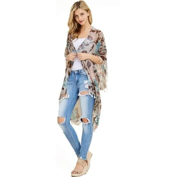 Beige Floral Print Fringe Open Kimono Shawl Cardigan Kaftan Poncho Cover Up Vest