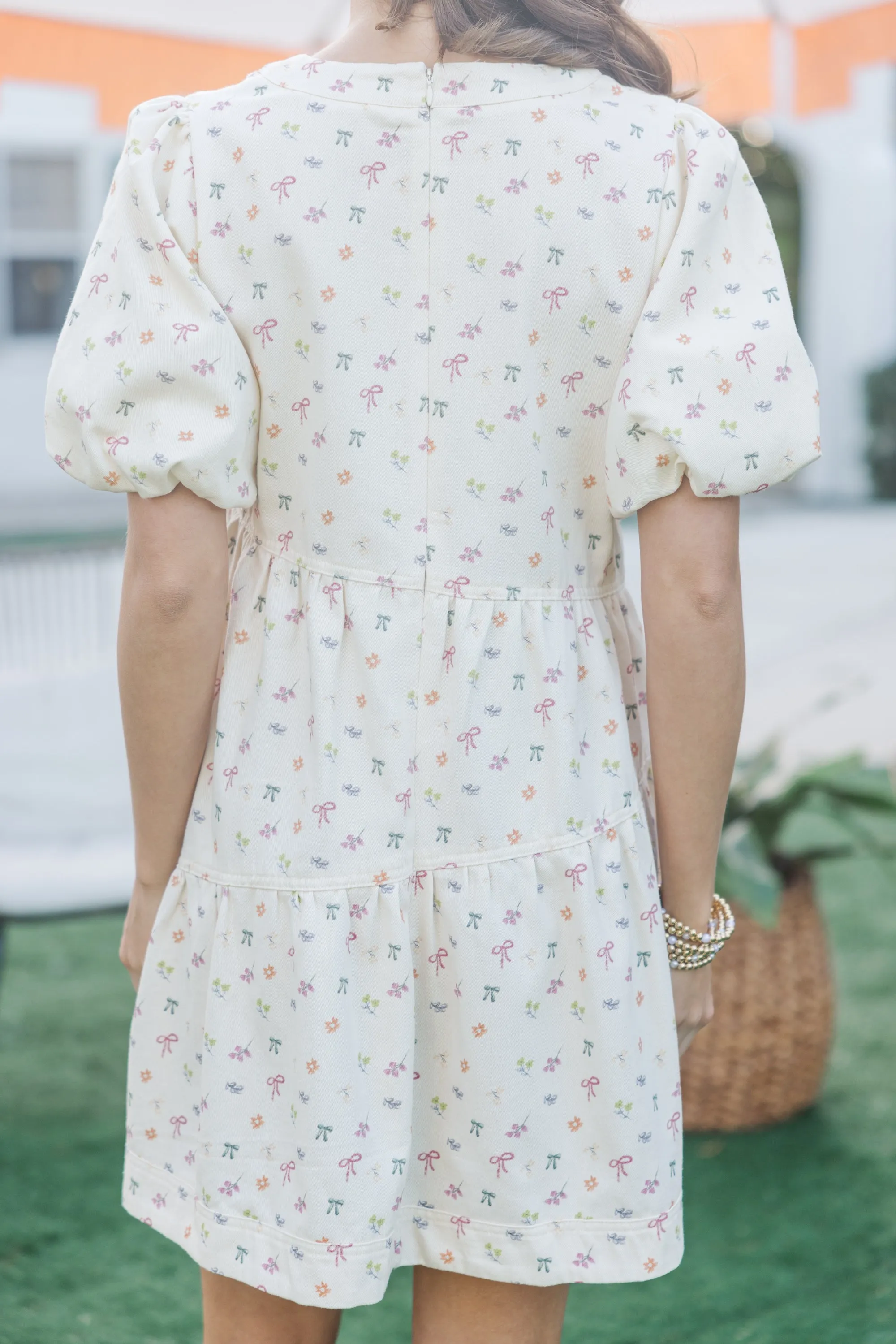 Best Case Ecru Bow Printed Dress
