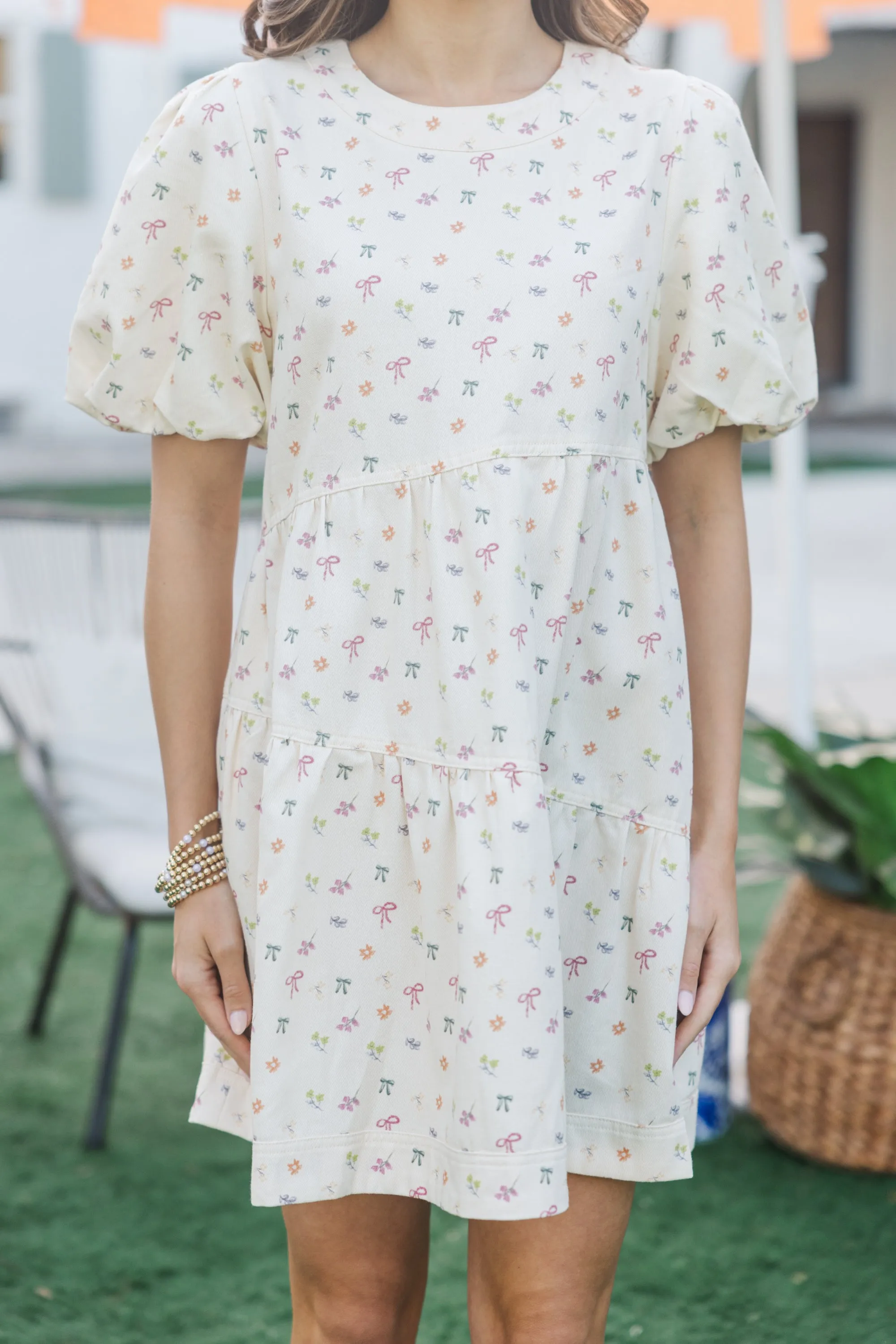 Best Case Ecru Bow Printed Dress
