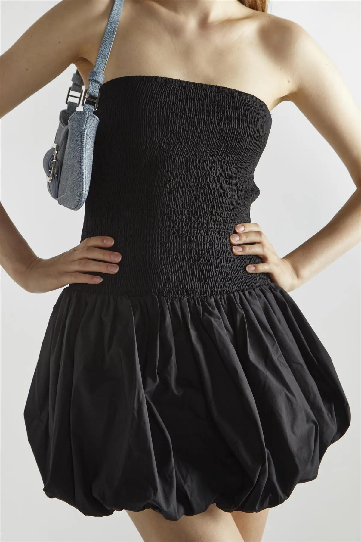 Black Bandeau Shirred Mini-Dress
