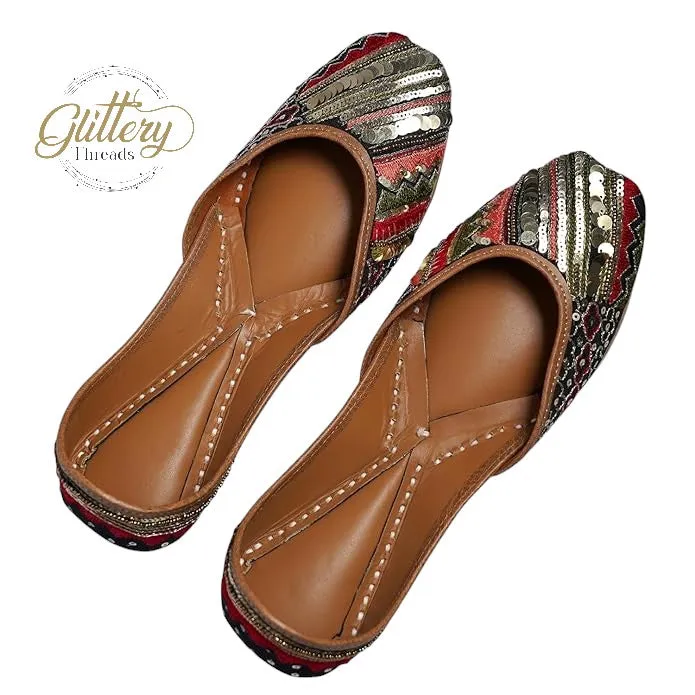Black Ethnic Leather Punjabi Jutti with Sequence Work | Indian Women Footwear | Womens'  Mojari | Khussa Shoes for Women | Indian Ballet Flats