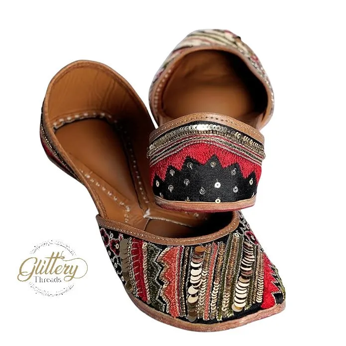 Black Ethnic Leather Punjabi Jutti with Sequence Work | Indian Women Footwear | Womens'  Mojari | Khussa Shoes for Women | Indian Ballet Flats