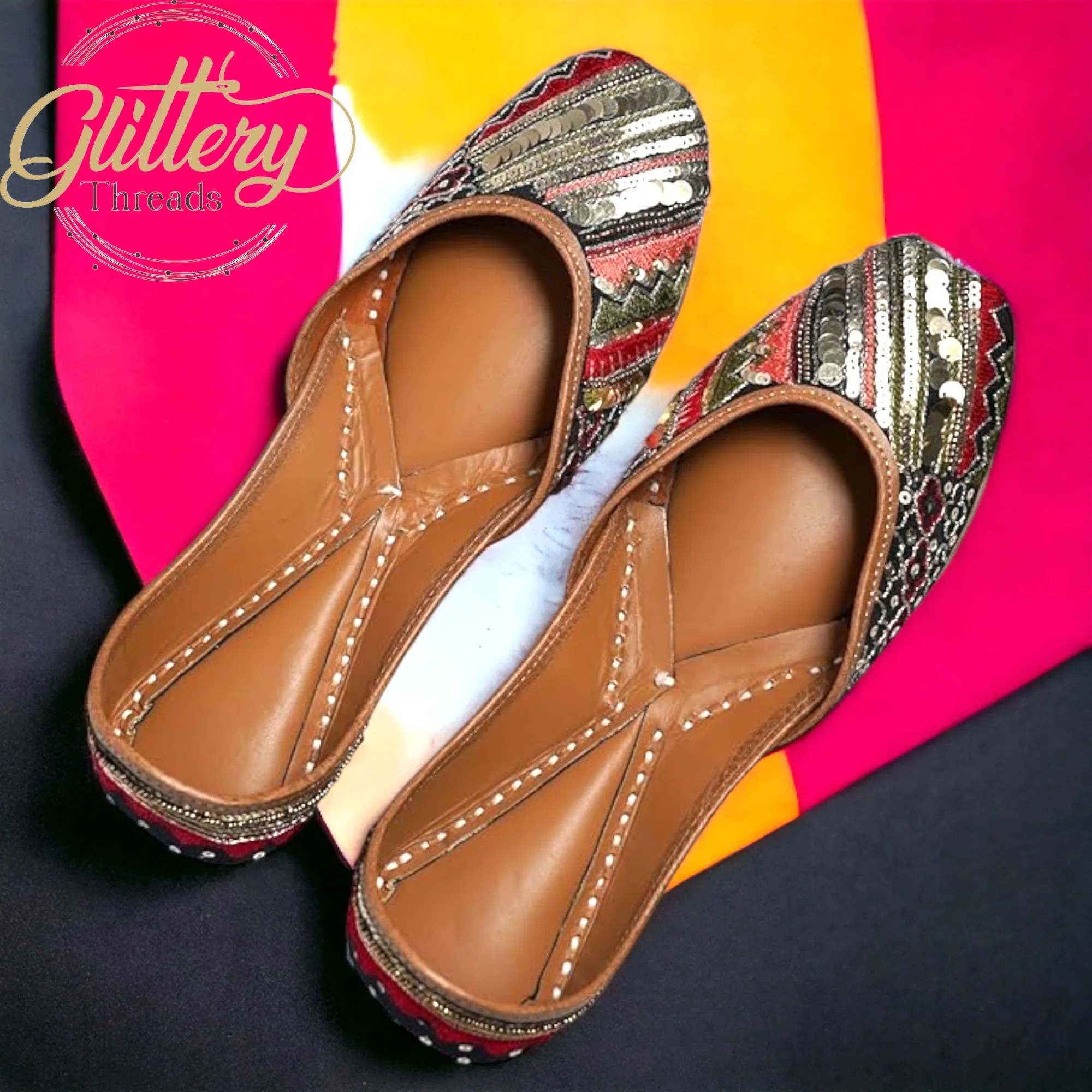 Black Ethnic Leather Punjabi Jutti with Sequence Work | Indian Women Footwear | Womens'  Mojari | Khussa Shoes for Women | Indian Ballet Flats