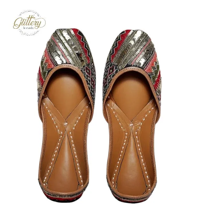 Black Ethnic Leather Punjabi Jutti with Sequence Work | Indian Women Footwear | Womens'  Mojari | Khussa Shoes for Women | Indian Ballet Flats