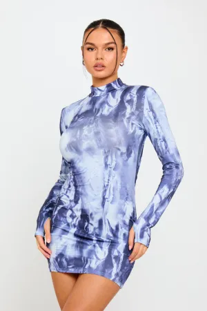 Blue Tie-Dye Print High-Neck Mini Dress | Trendy & Sleek | Effortless Edge