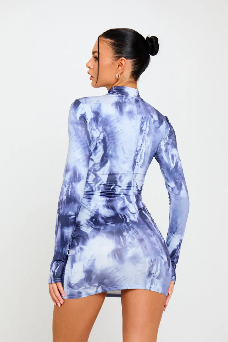 Blue Tie-Dye Print High-Neck Mini Dress | Trendy & Sleek | Effortless Edge