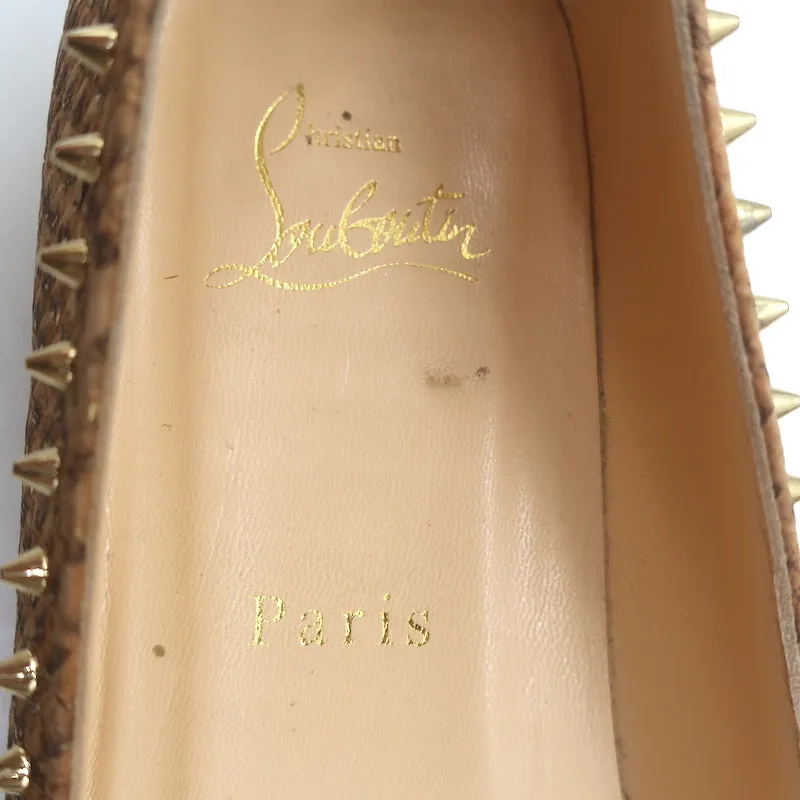 Christian Louboutin Anjalina Studded Snake-Effect Cork Flats Tan Size 39.5