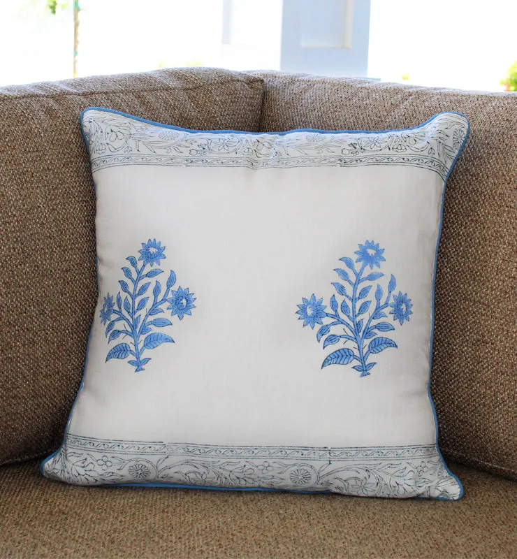 Classic Blue Floral Print Linen Cushion Cover