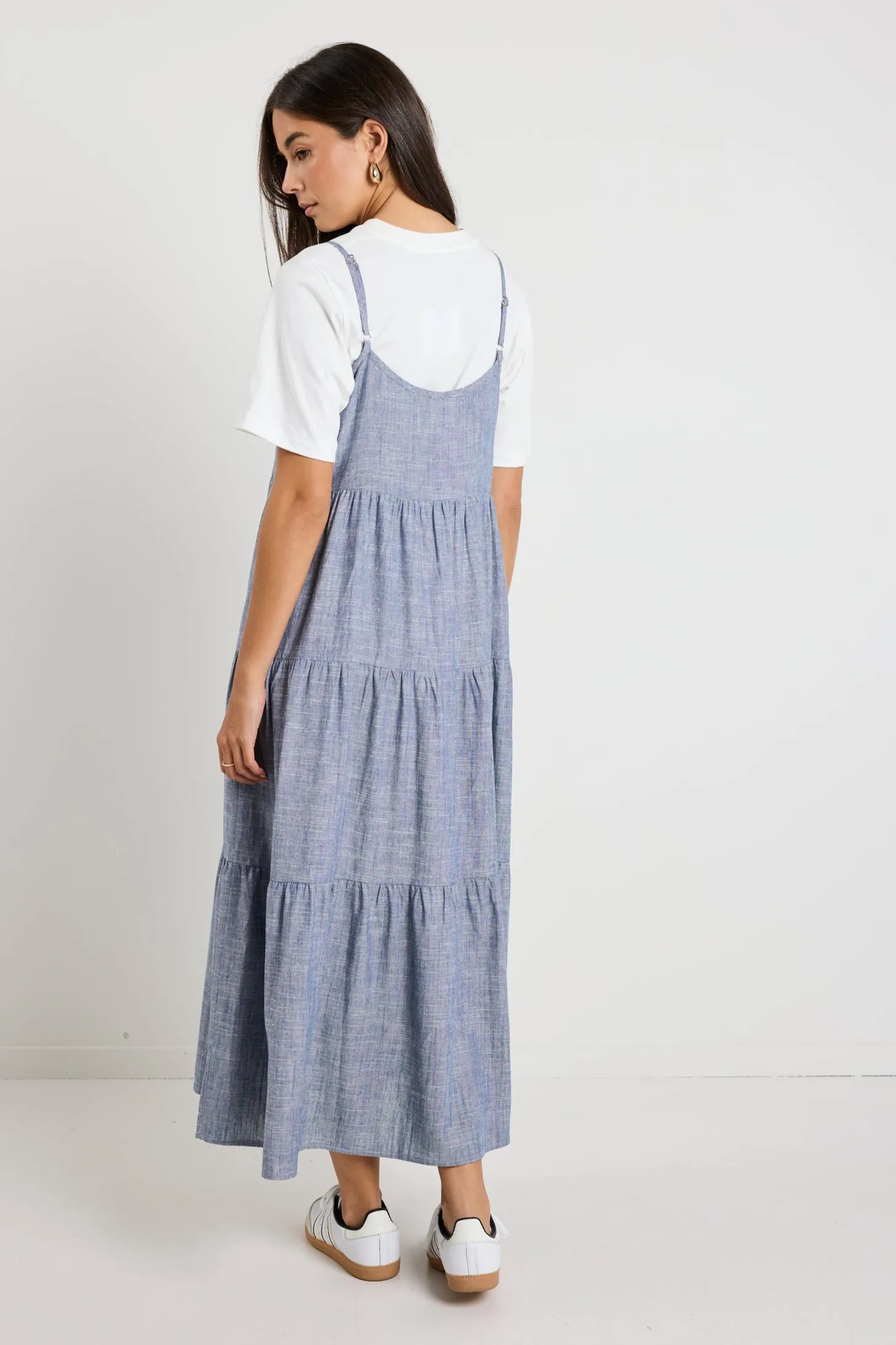 Eden Chambray Blue Strappy Tiered Midi Dress