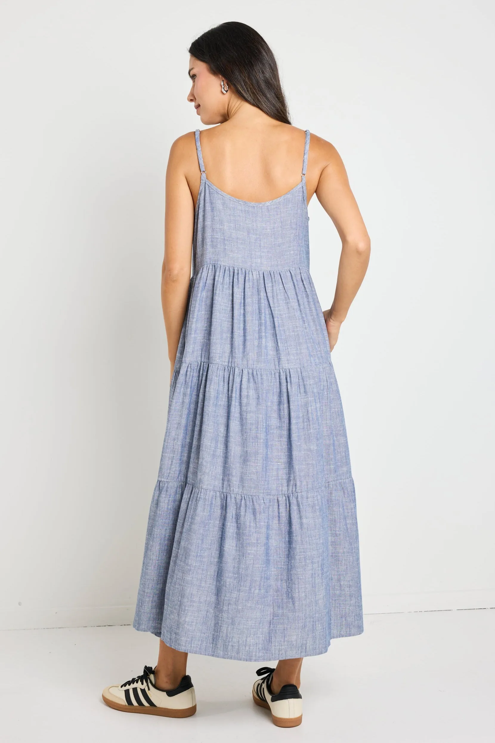 Eden Chambray Blue Strappy Tiered Midi Dress
