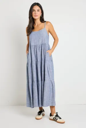 Eden Chambray Blue Strappy Tiered Midi Dress