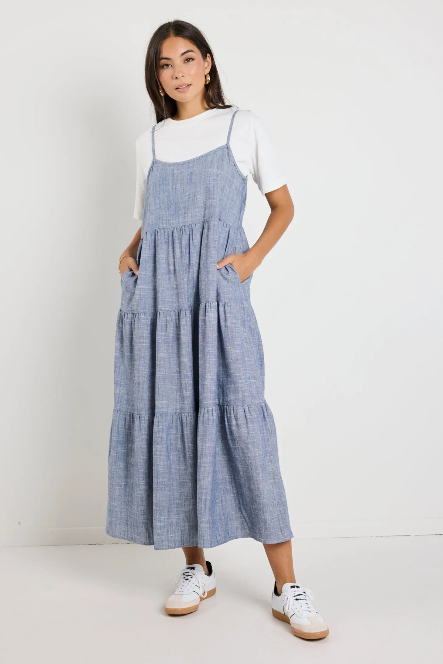Eden Chambray Blue Strappy Tiered Midi Dress