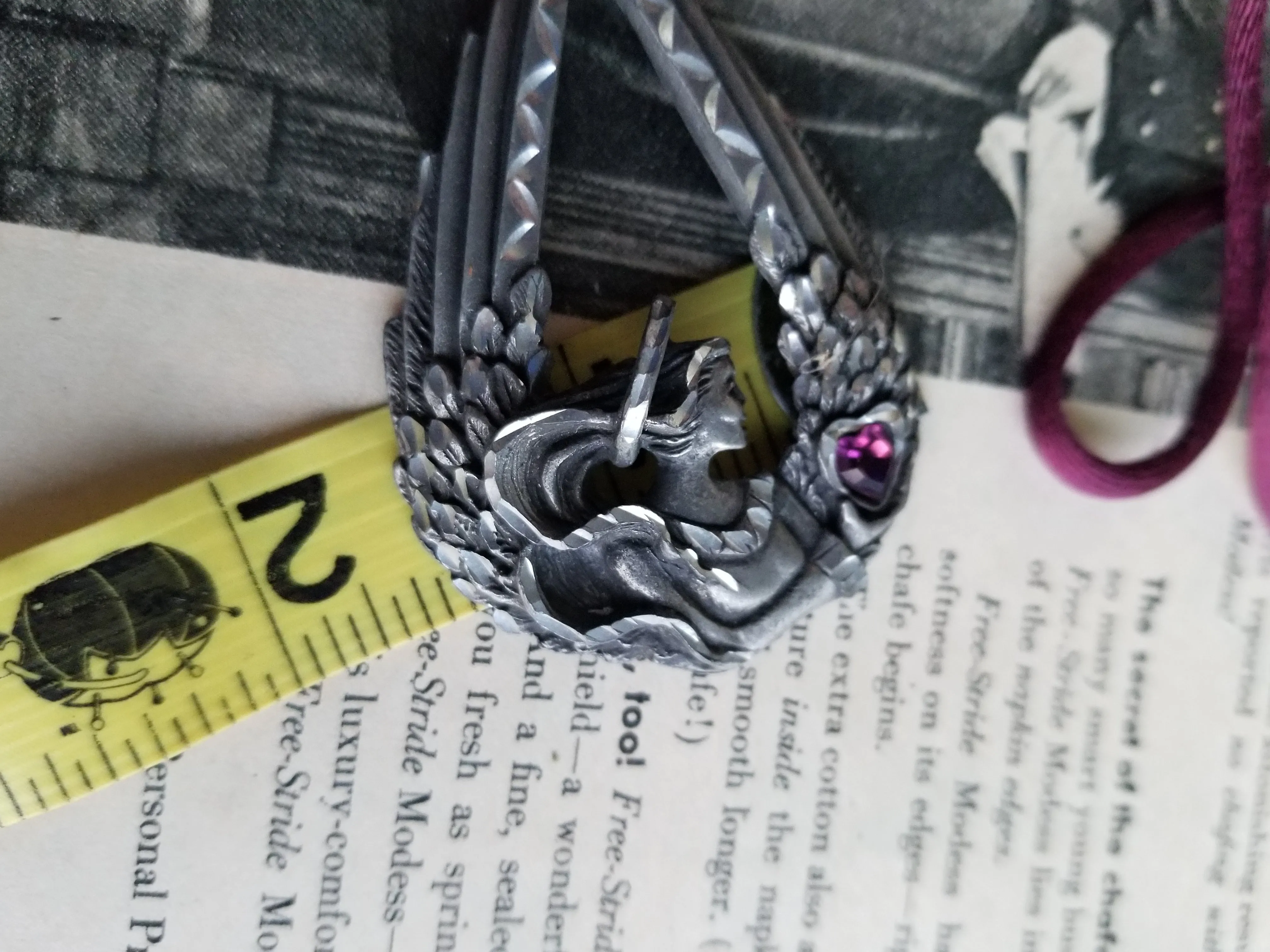EGE Pewter 1994 angel's with purple rhinestone heart necklace and earrings set on silk cord