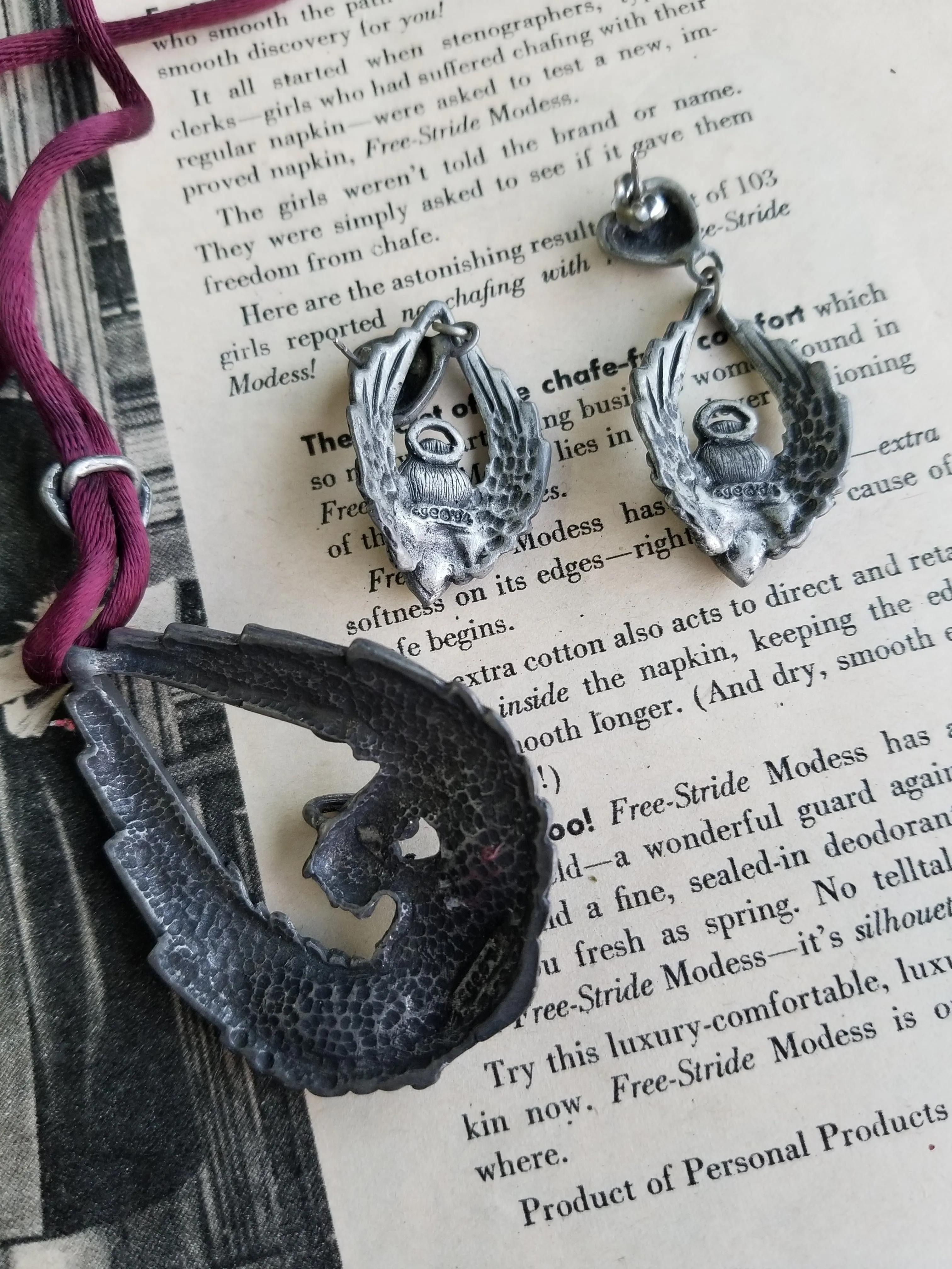EGE Pewter 1994 angel's with purple rhinestone heart necklace and earrings set on silk cord