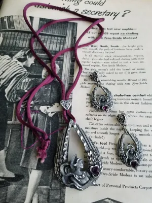 EGE Pewter 1994 angel's with purple rhinestone heart necklace and earrings set on silk cord