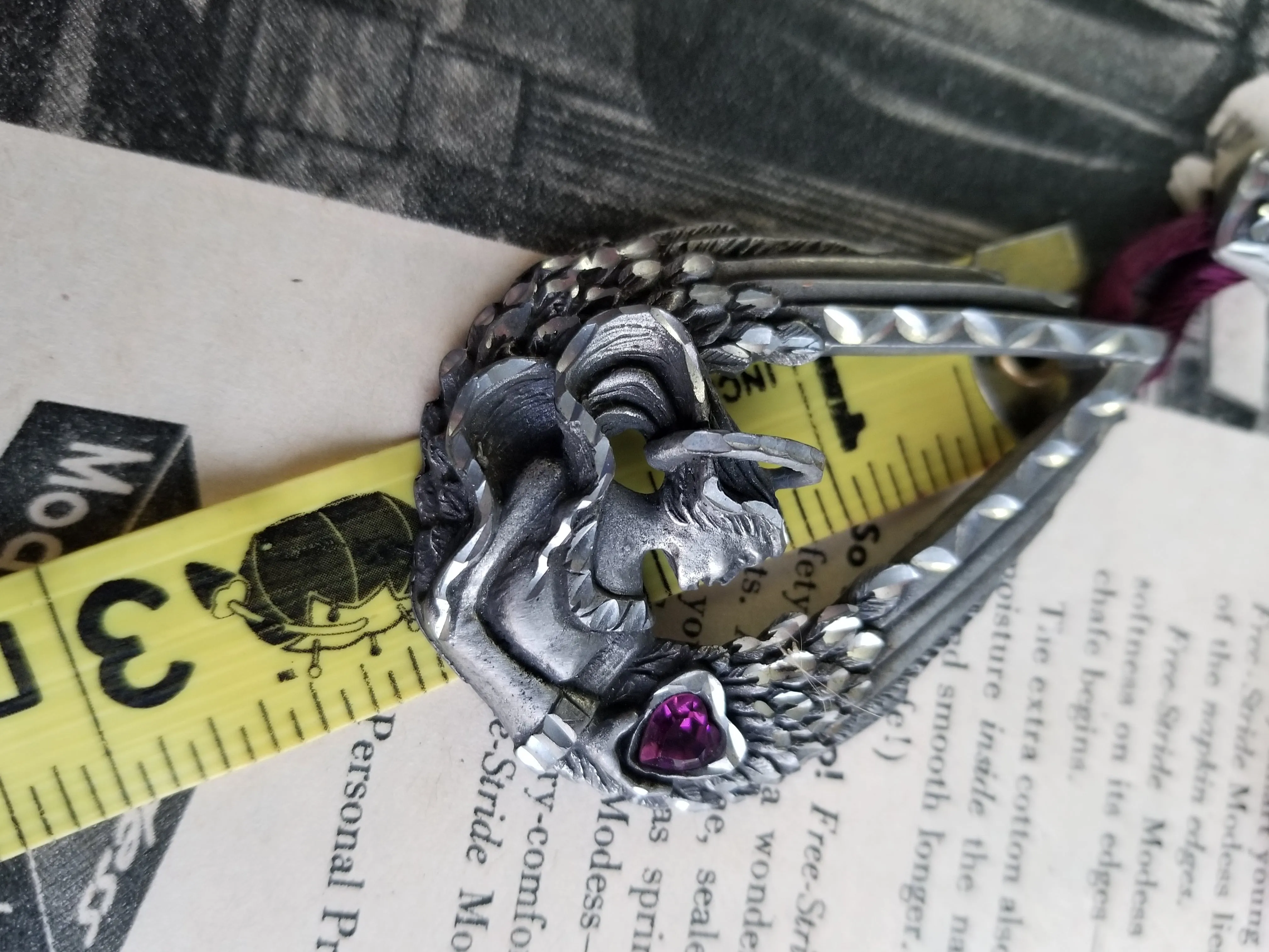 EGE Pewter 1994 angel's with purple rhinestone heart necklace and earrings set on silk cord