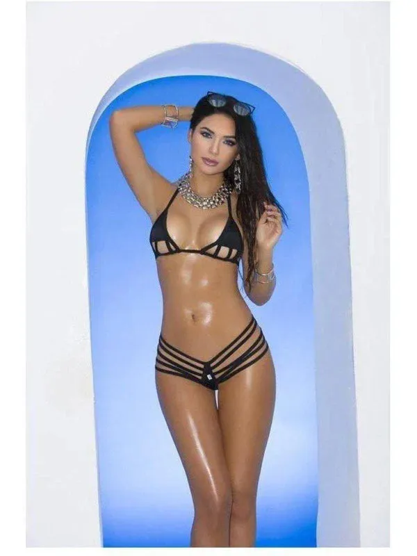 Elegant Moments Strappy Black Cage Bra and Strappy G-string Bikini Set