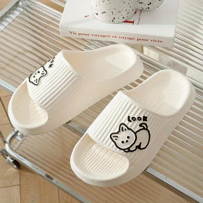 Fashion Summer Women's SLippers Chic Cartoon Kawaii Cat Print Slides Slip-on Bathroom EVA Flat Heel Indoor Cute Shoes