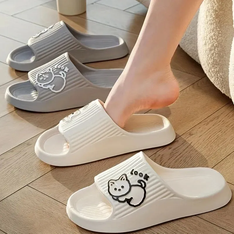 Fashion Summer Women's SLippers Chic Cartoon Kawaii Cat Print Slides Slip-on Bathroom EVA Flat Heel Indoor Cute Shoes