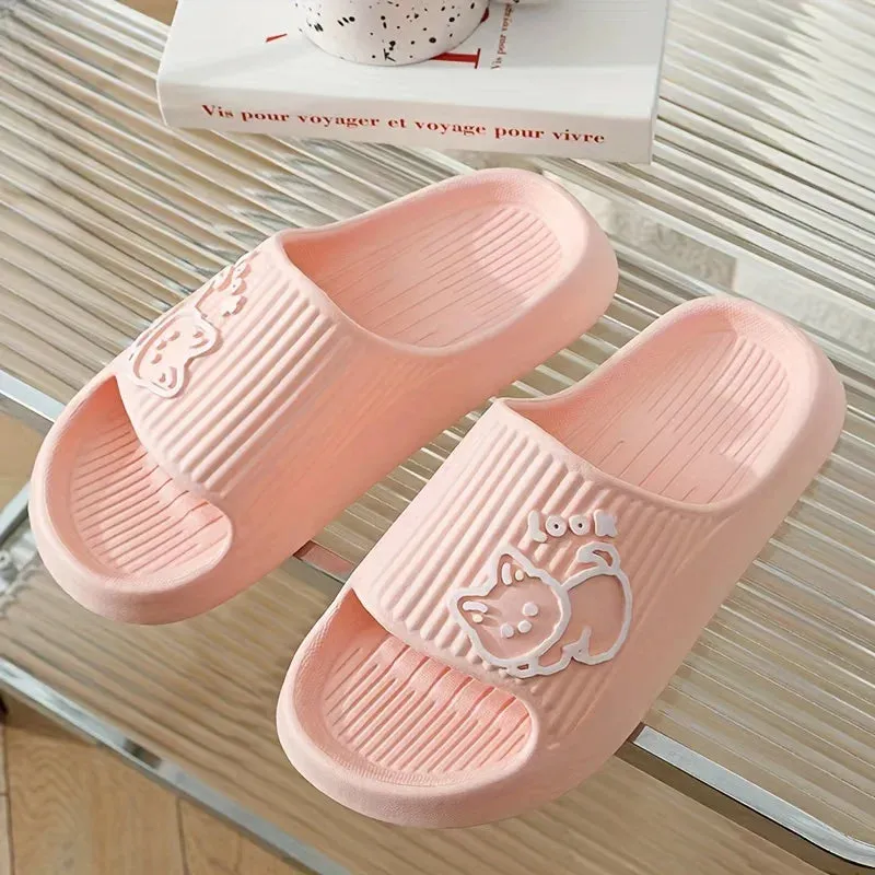 Fashion Summer Women's SLippers Chic Cartoon Kawaii Cat Print Slides Slip-on Bathroom EVA Flat Heel Indoor Cute Shoes
