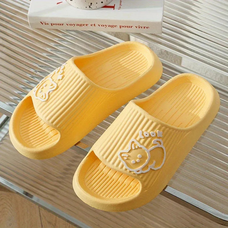 Fashion Summer Women's SLippers Chic Cartoon Kawaii Cat Print Slides Slip-on Bathroom EVA Flat Heel Indoor Cute Shoes