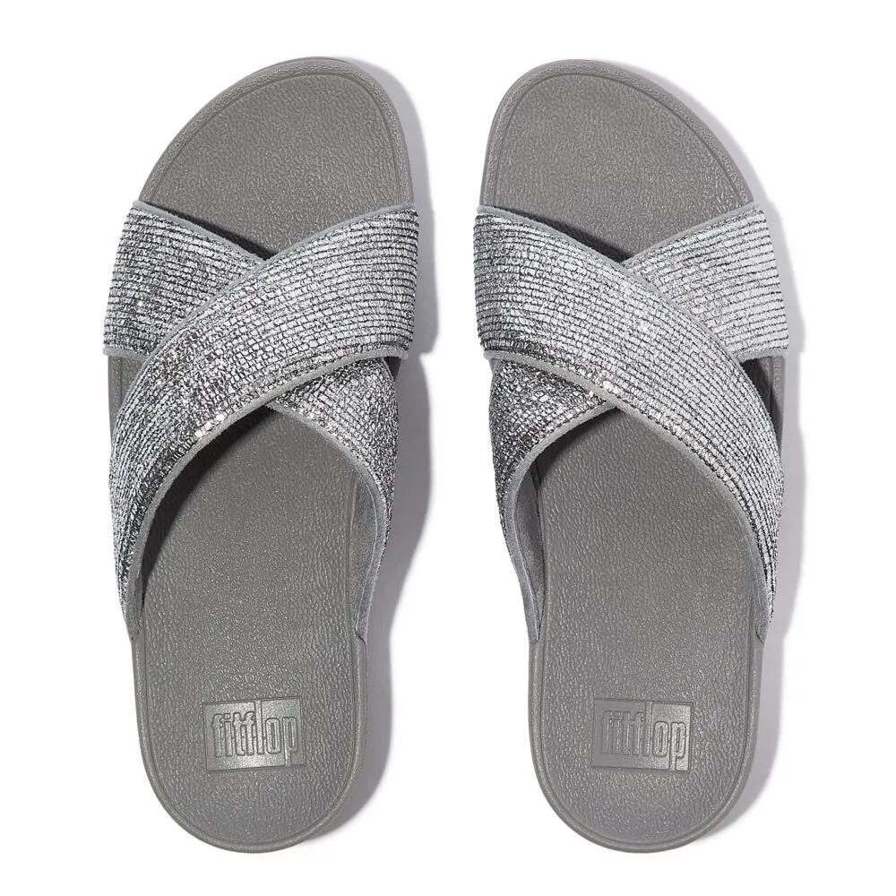 FitFlop Lulu Crinkled Shimmer Cross Slides Sandals - Silvereen