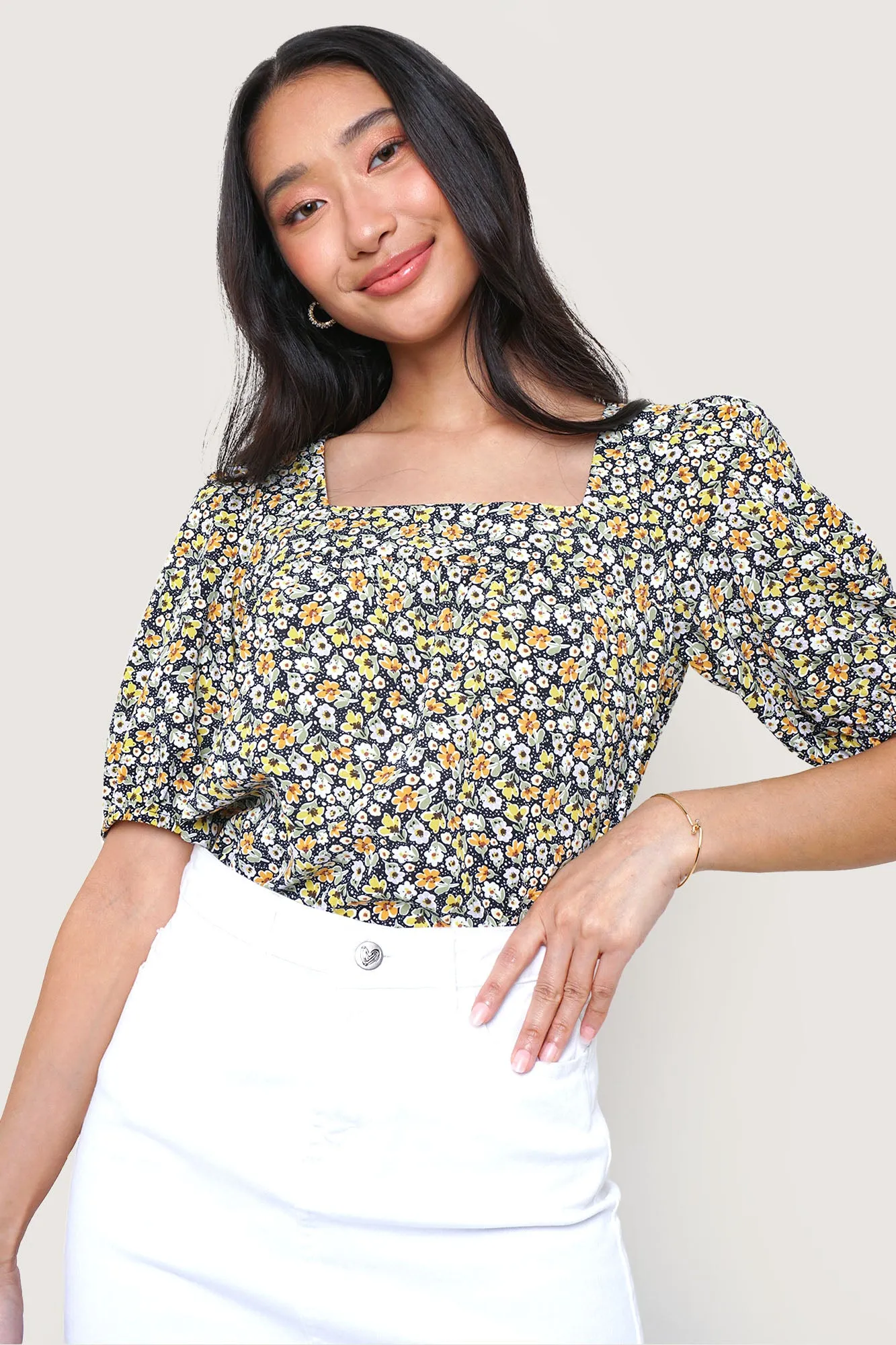 Floral All Over Print Square Neck Top