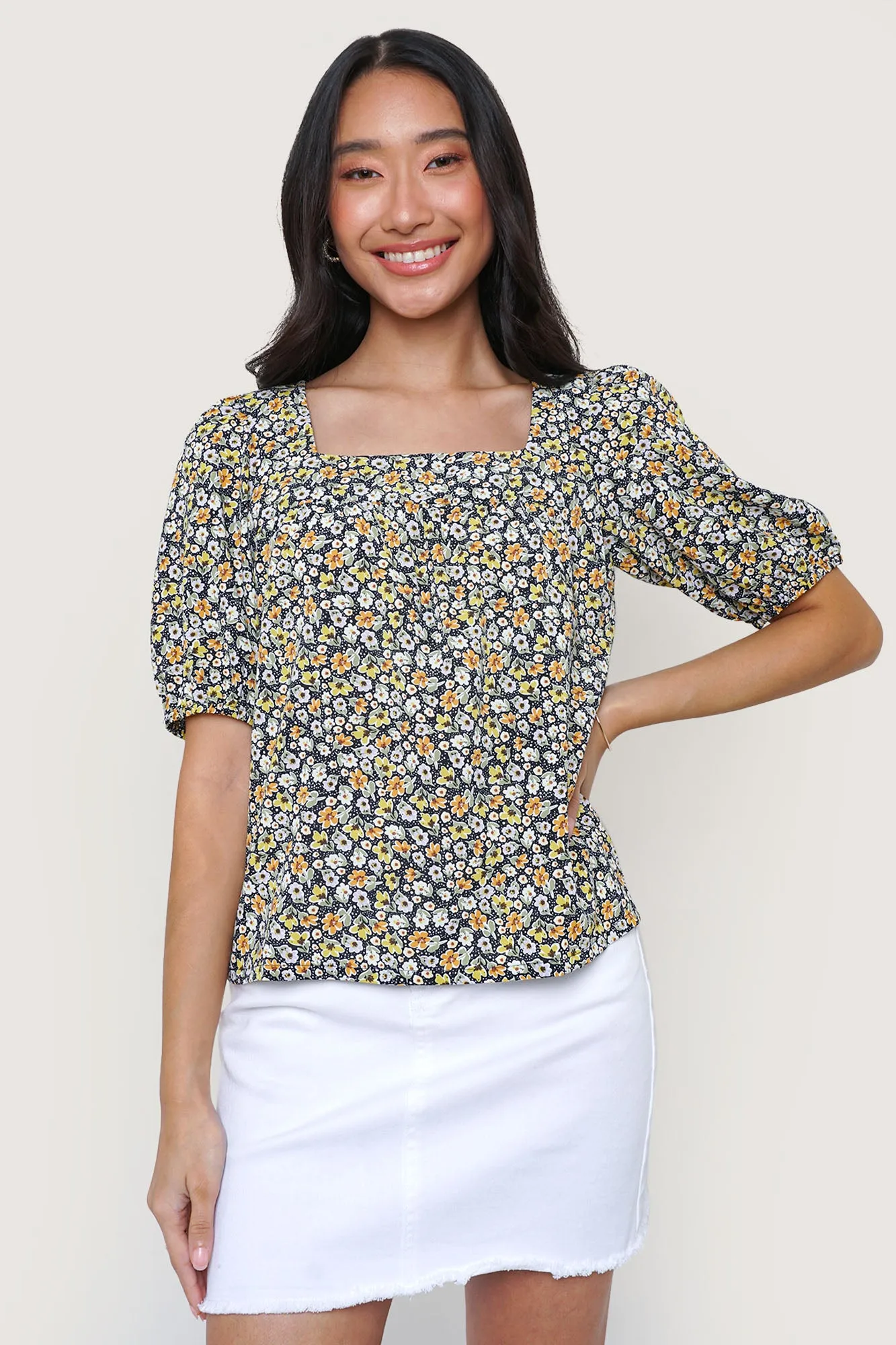 Floral All Over Print Square Neck Top