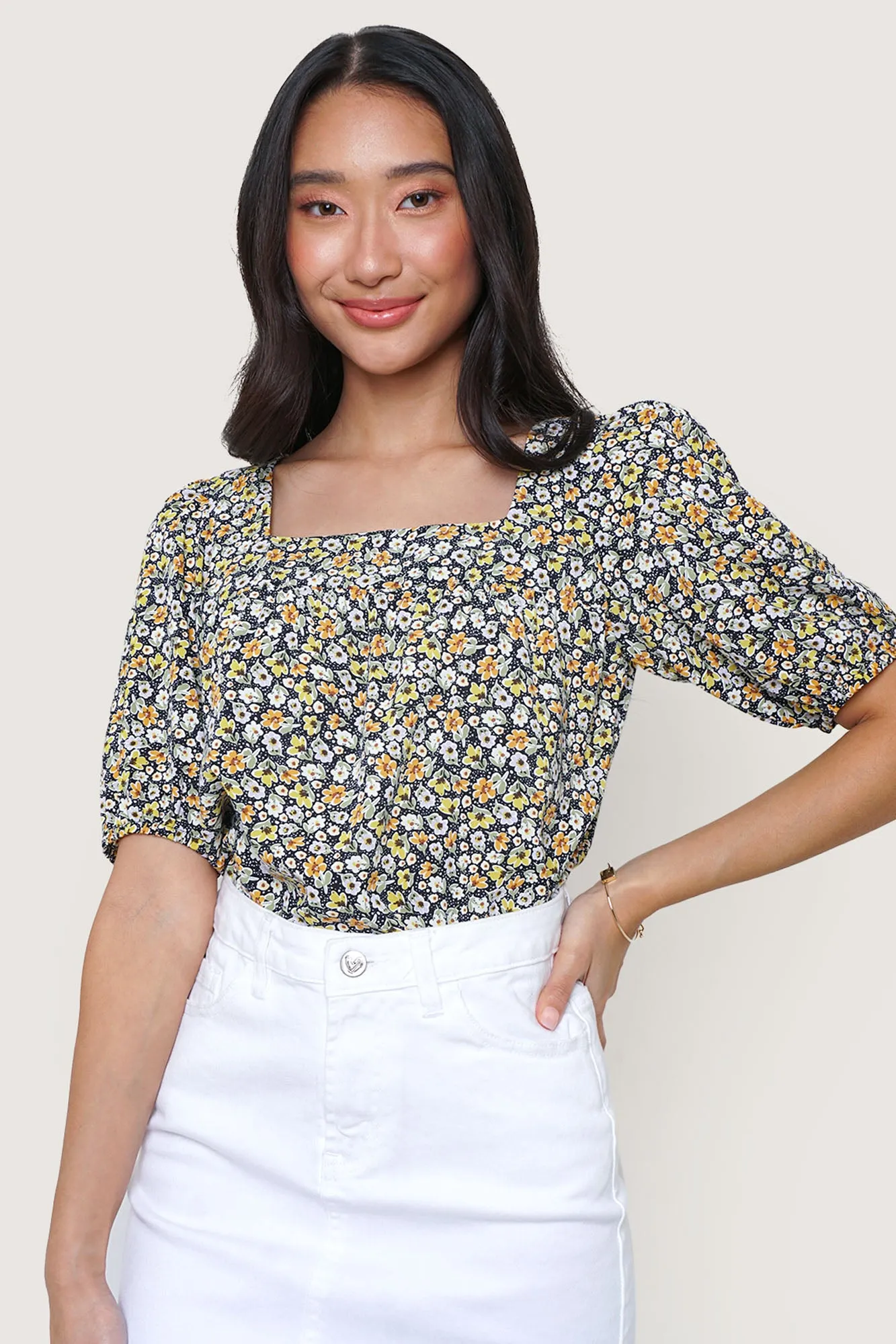 Floral All Over Print Square Neck Top