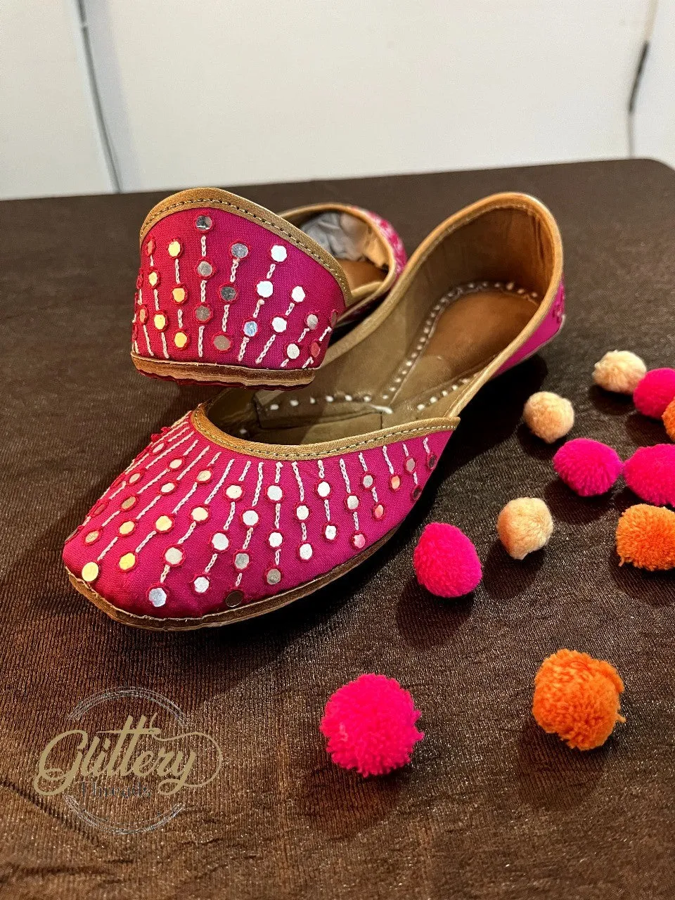 Fuschia Color Ethnic Punjabi Leather Jutti with Foil Mirror Work | Women's Indian Traditional Wear Mojari | Women's Khussa Shoes | Indian Ballet Flats